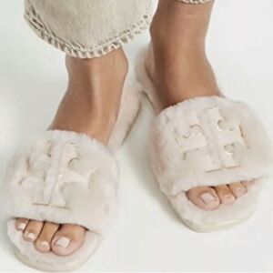 Tory Burch Double T Shearling Slide Sandal Gray Heron/Gold